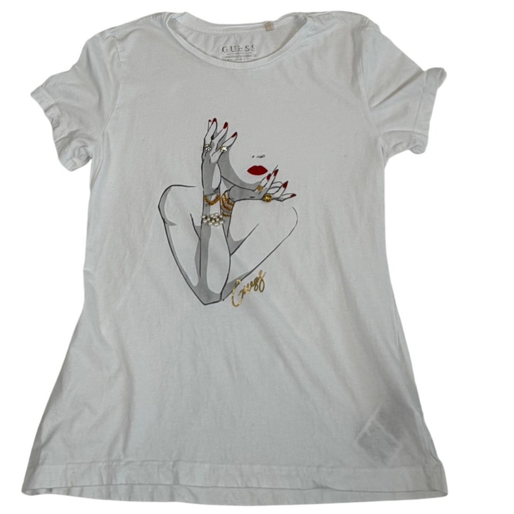 Guess White Embellished Graphic T-Shirt Rhinestone Pearl Glam Tee Size Women's S